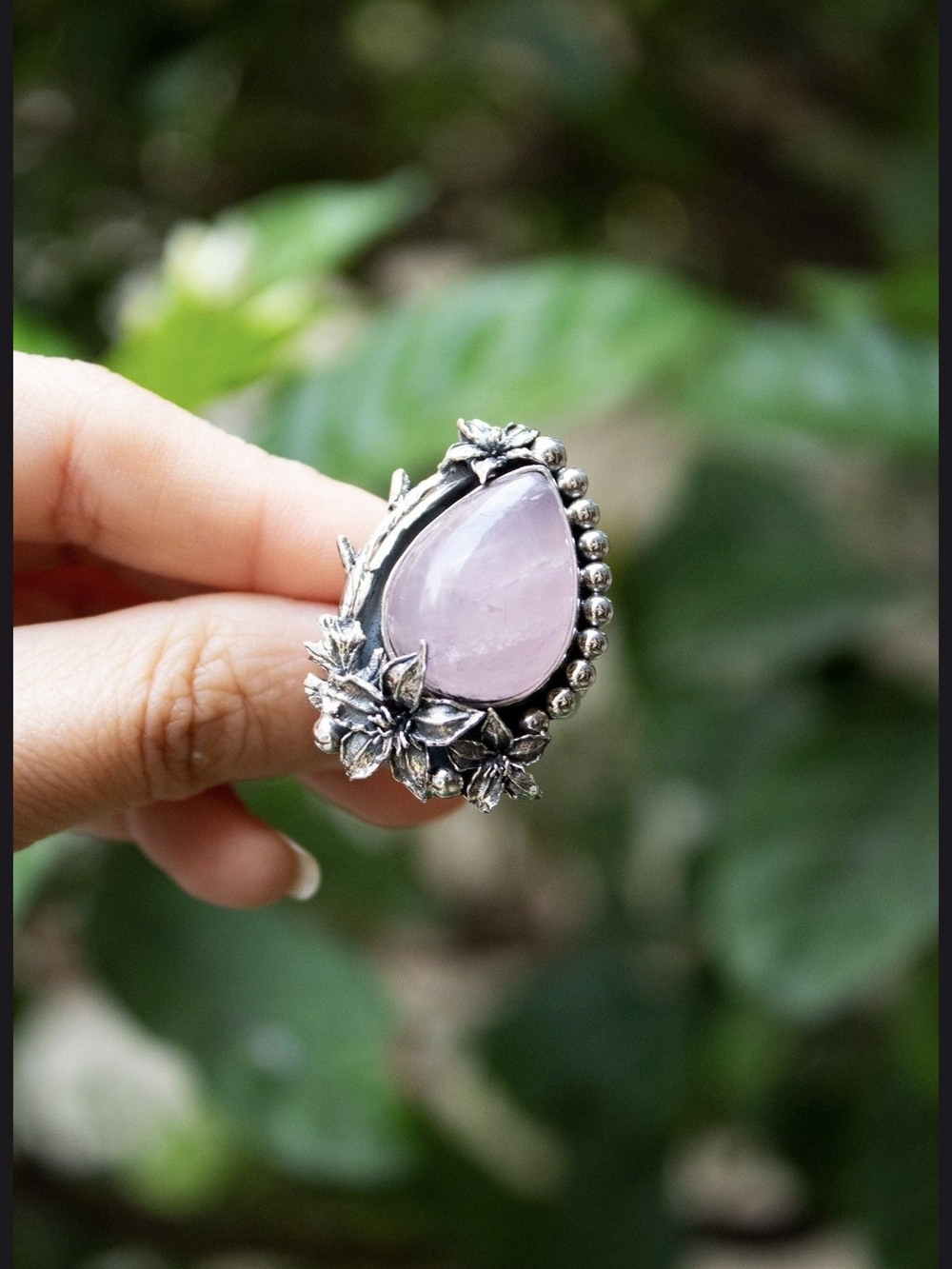 Sterling Silver Floral Teardrop Rose Quartz Ring - NWOT SIZE 7